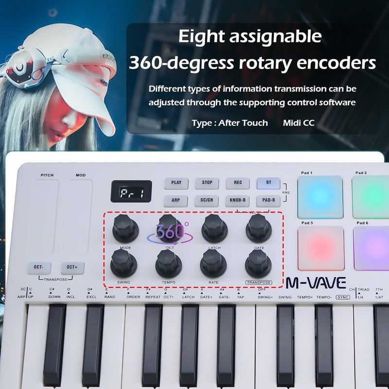 M-VAVE 25 مفتاح 8 وسادات درام مضاءة MIDI لوحة مفاتيح – صانع إيقاعات محترف وكيتر لإنتاج الموسيقى على لوحة المفاتيح مع بطارية مدمجة اتصال لاسلكي أبيض - Image 5
